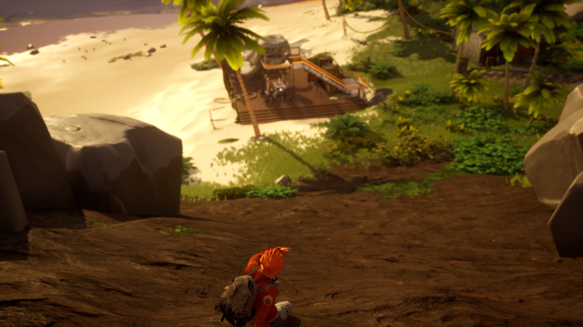 Character in a desert-like environment with a vehicle and palm trees in the background