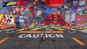 Video game character standing in a futuristic, neon-lit cityscape with 'CAUTION' sign.