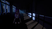 A dark, moody digital scene showing a stylized anime-like female character with long purple hair standing in a dim corridor with glowing window light.