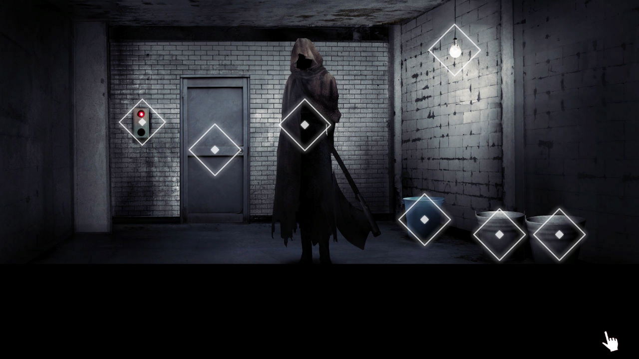 Dark-themed video game scene with a hooded figure in a dimly lit room.