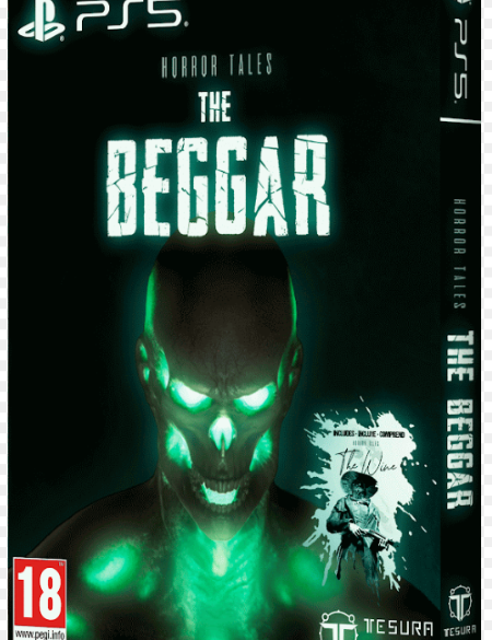 Box cover art for 'Horror Tales The Beggar' PlayStation 5 game, featuring a dark, eerie image of a character with green glowing eyes against a black background with debris around.
