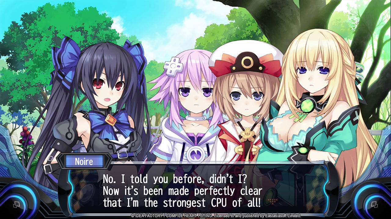 Four animated characters in a forest setting with a dialogue box.