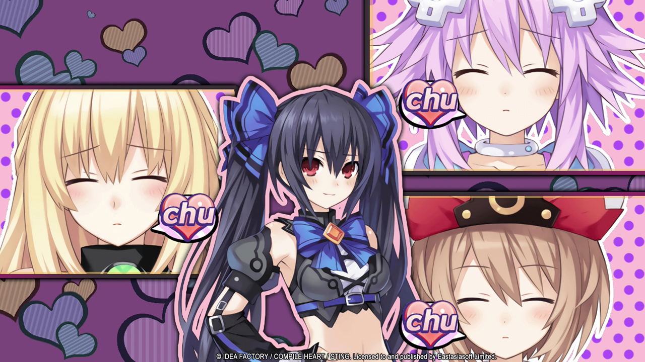 Four anime-style characters with 'chu' text on a purple background with hearts.