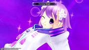 Animated character with purple hair and white outfit on a purple background