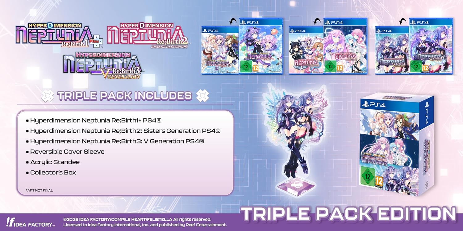 Triple pack of Hyperdimension Neptunia video game on PS4 with character illustration and packaging details.