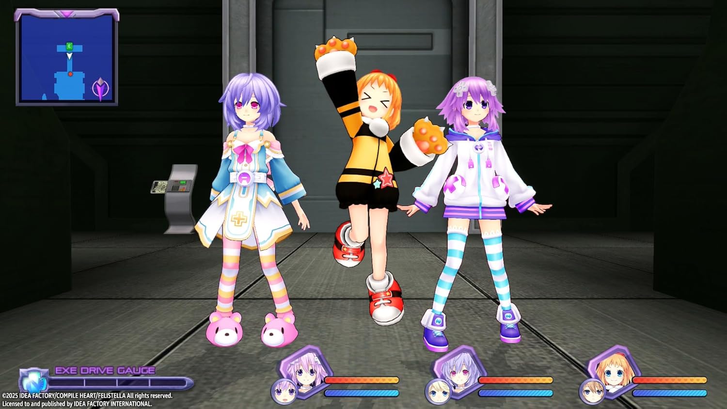 Three animated characters in a futuristic setting with a control panel in the background.