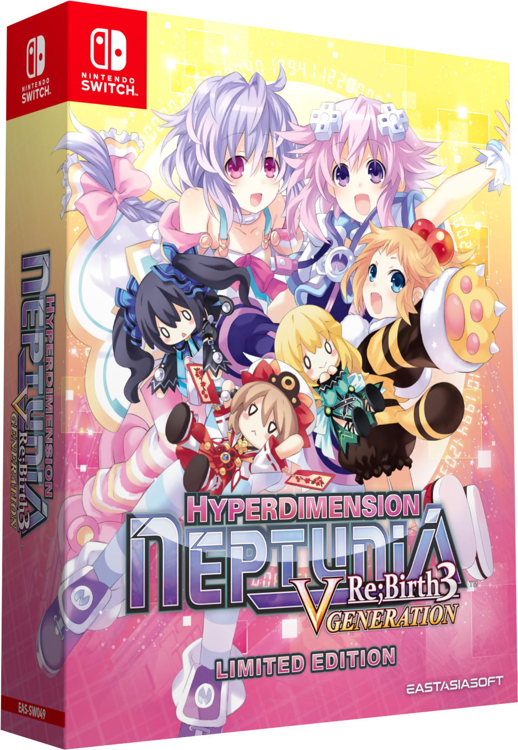 Limited edition packaging of Hyperdimension Neptunia Re:Birth3 Generation for Nintendo Switch with colorful design and character illustrations.