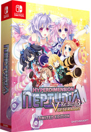 Limited edition packaging of Hyperdimension Neptunia Re:Birth3 Generation for Nintendo Switch with colorful design and character illustrations.