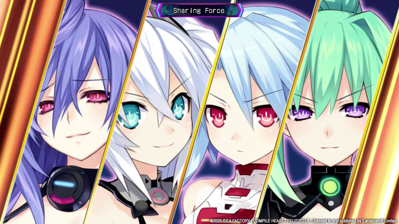 Four animated characters with different colored hair and eyes, each framed by a glowing border.