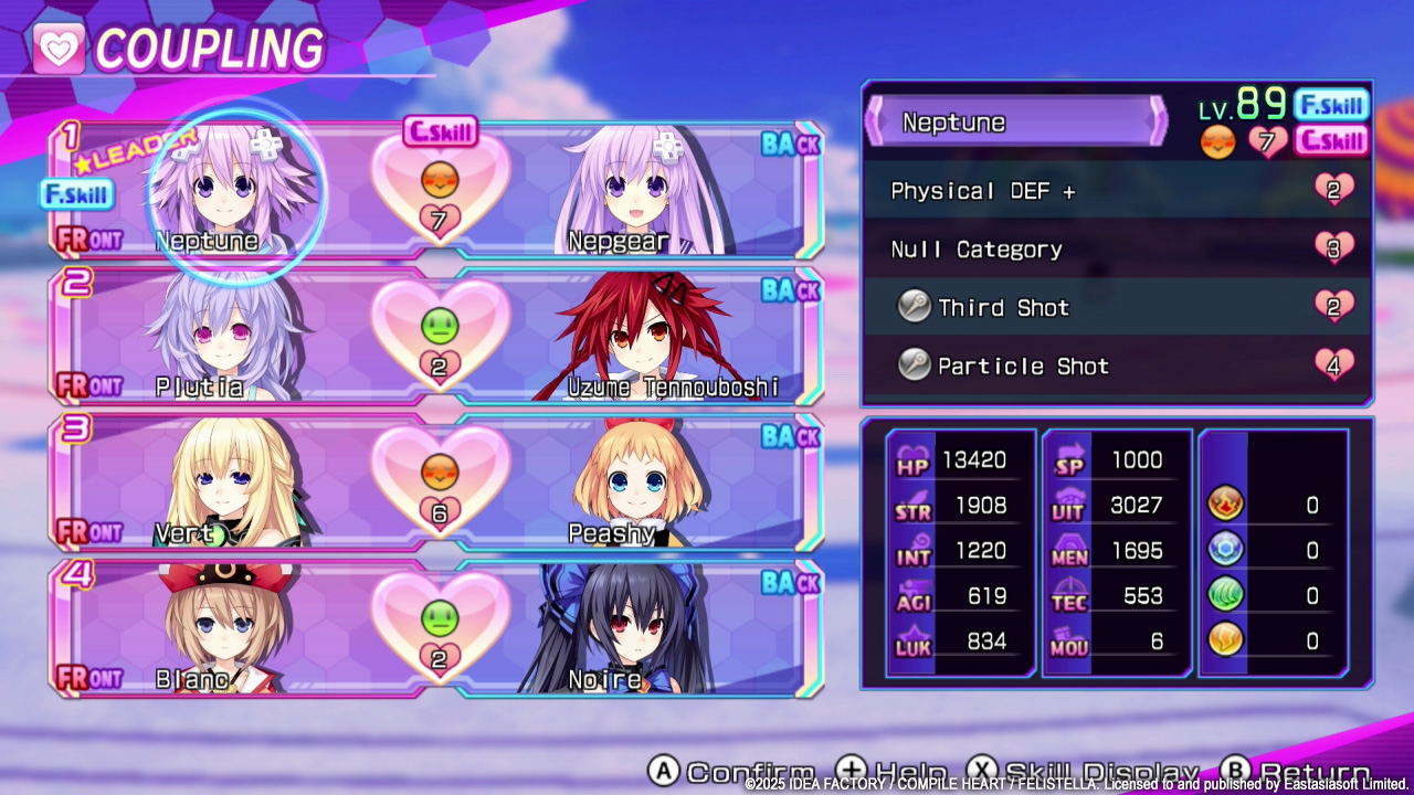 Character selection screen with anime-style characters and stats in a game interface.