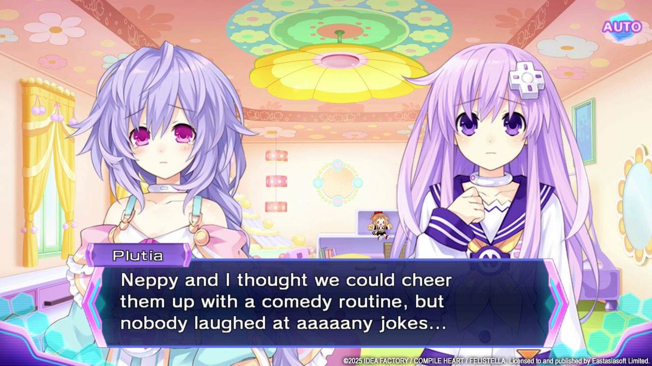 Two animated characters with purple hair in a colorful room, one of whom is holding a microphone.