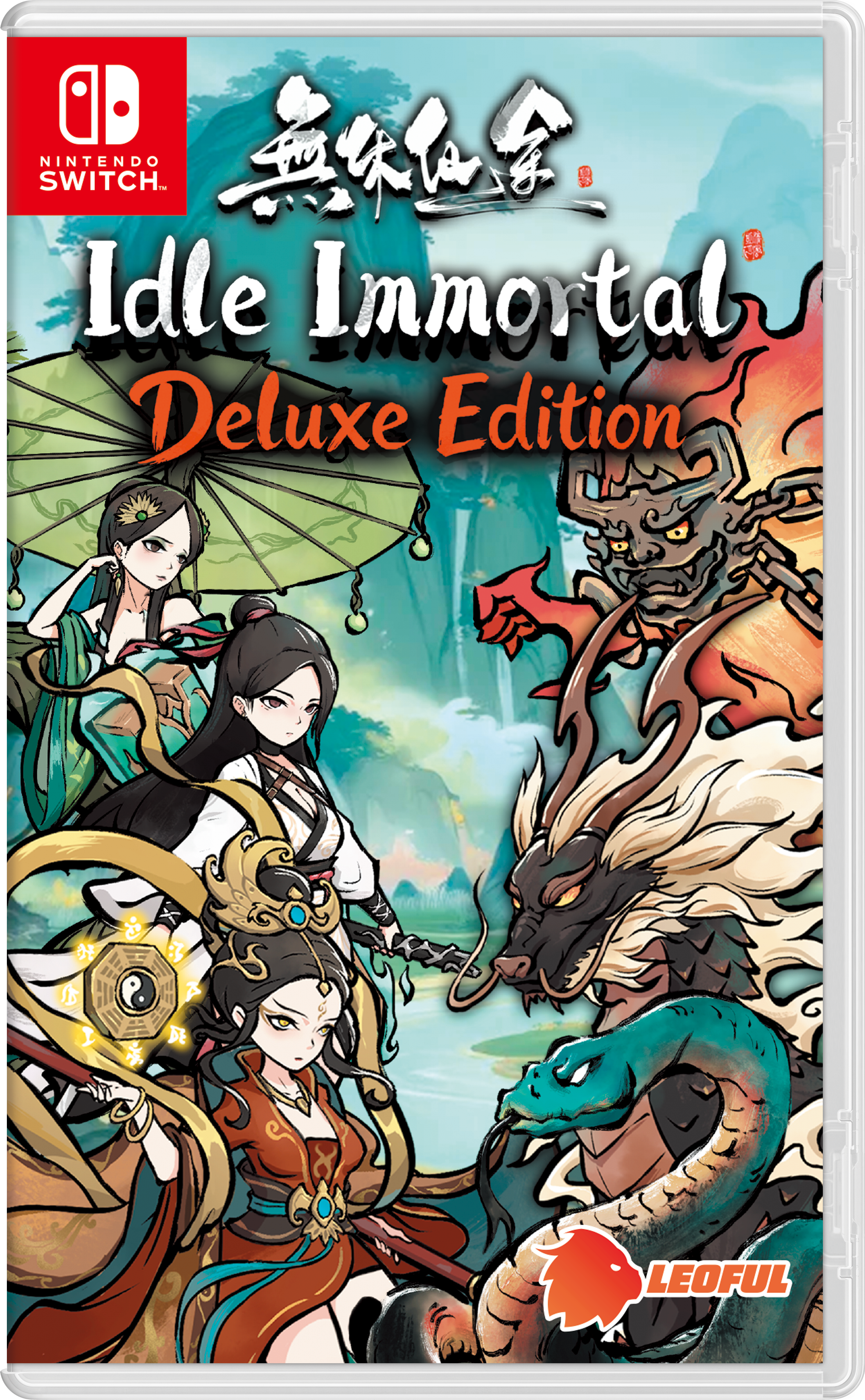 Nintendo Switch game case for Idle Immortal Deluxe Edition, featuring colorful illustrated characters and dragons on the front cover with the Nintendo Switch logo and LEOFUL branding.
