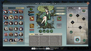 A screenshot of a video game character customization interface showing a fantasy female character with a green parasol and dark green outfit, surrounded by stats, icons, and selection routes.