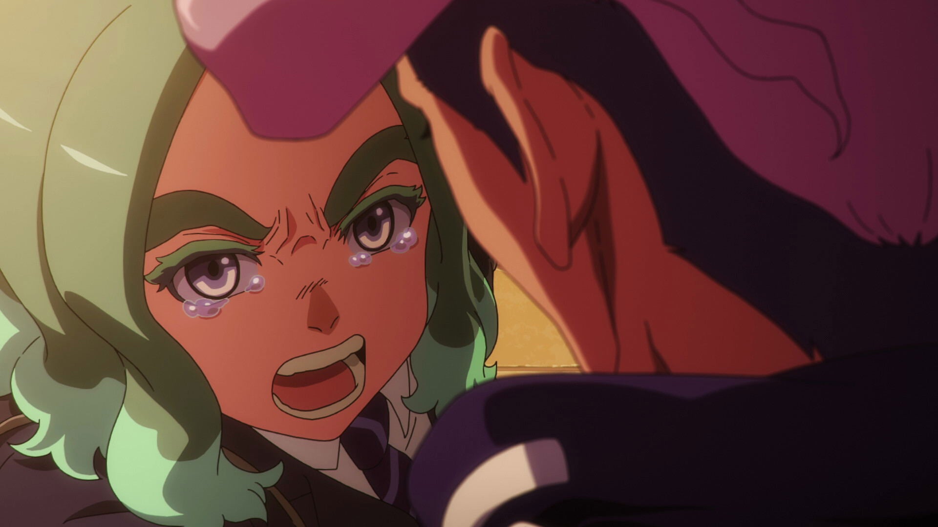 Close-up of an animated character with green hair and purple eyes, wearing a red hat.