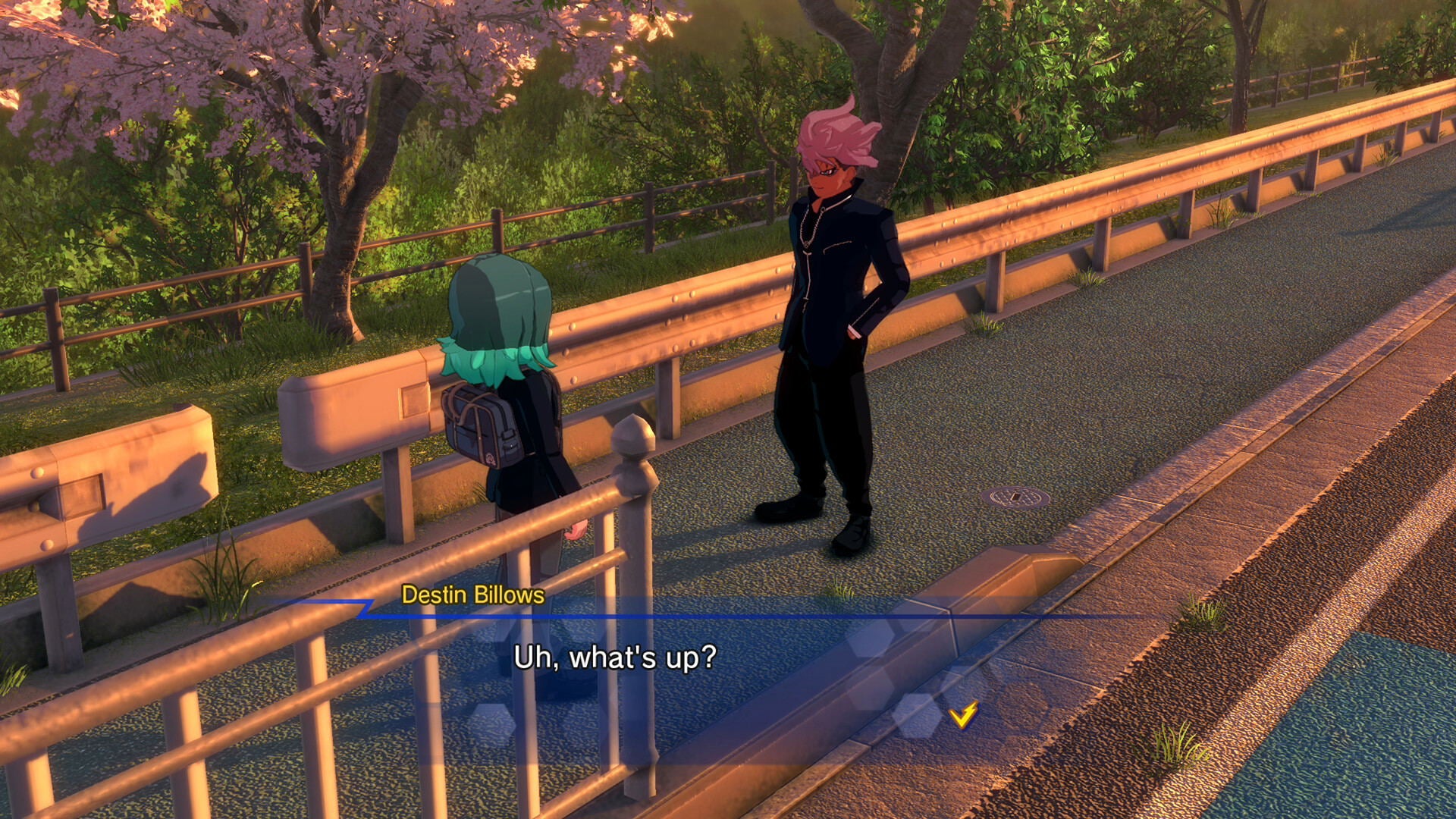Two animated characters on a bridge with cherry blossoms in the background
