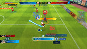 Screenshot of a soccer video game with player controls and game metrics on a green field.