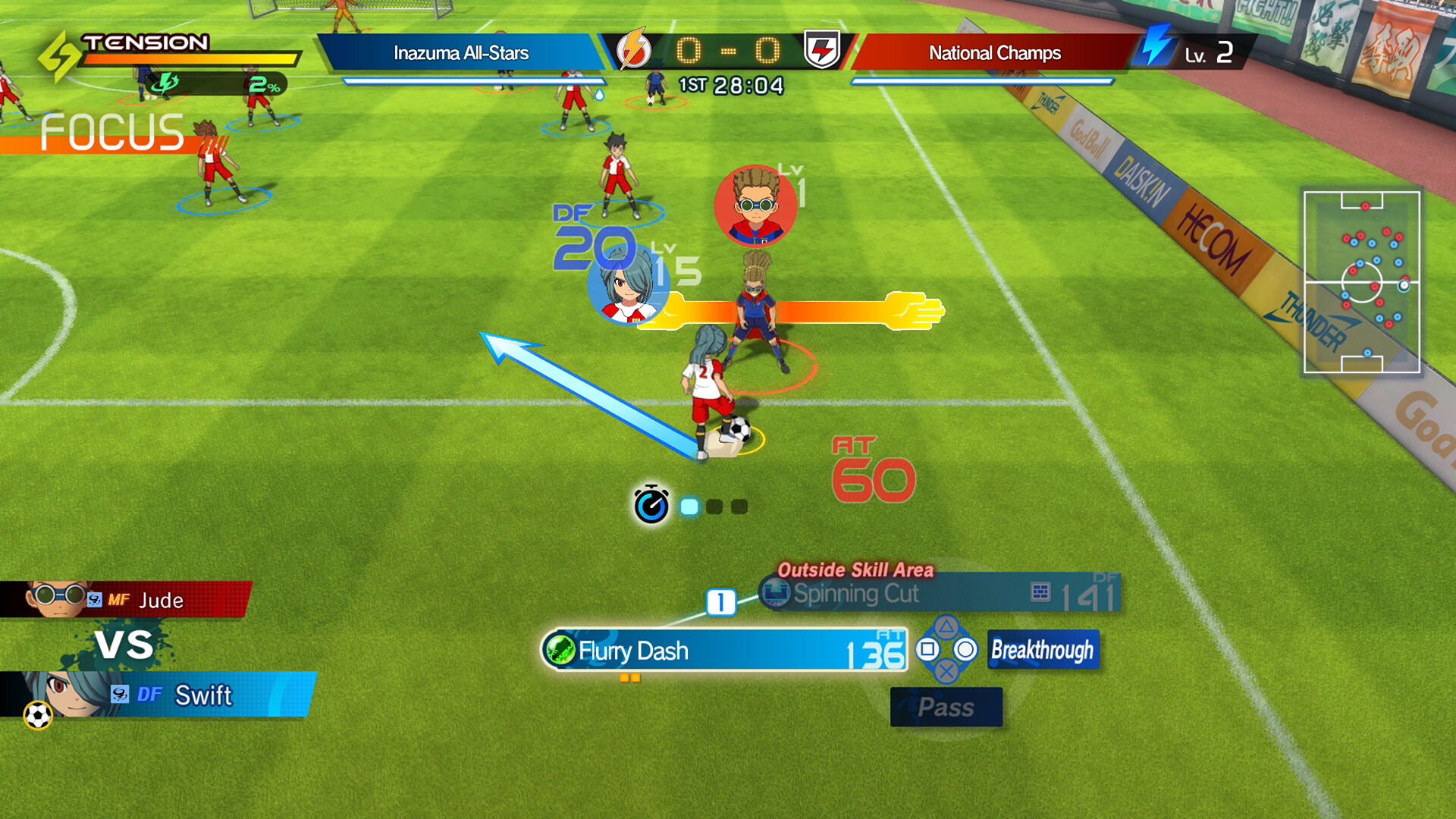 Screenshot of a soccer video game with player controls and game metrics on a green field.