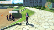 Video game character in a school uniform standing on a stone path with a building in the background
