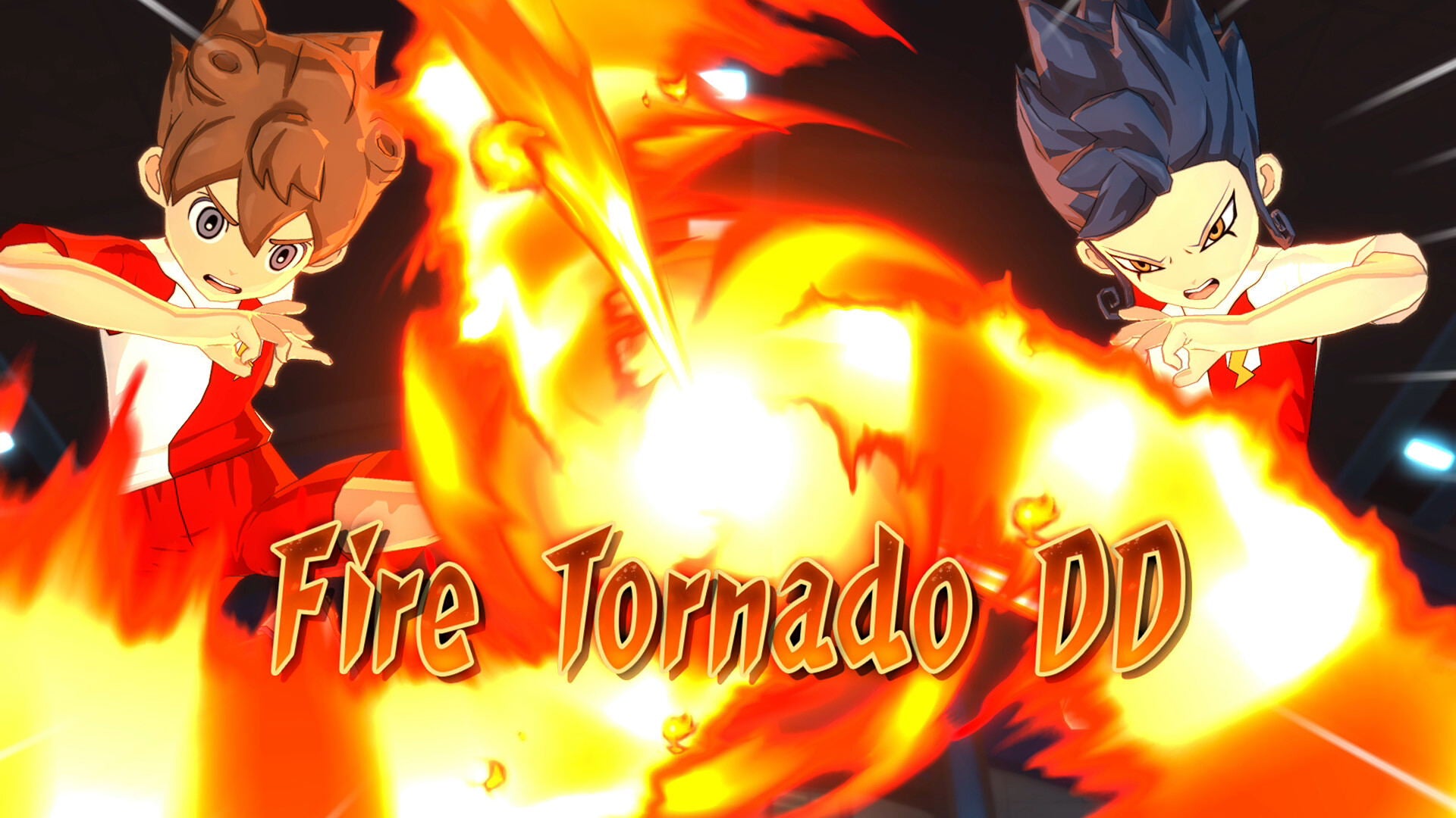 Two animated characters in a fiery battle with 'Fire Tornado DD' text.