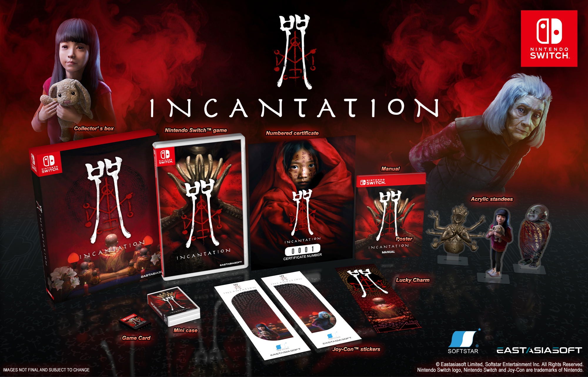 Incantation game collection with collectible figures and packaging on a dark background