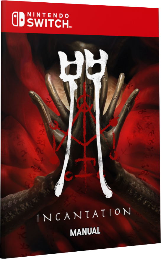 Nintendo Switch game manual titled 'Incantation' with a red and black cover featuring hands and symbols.