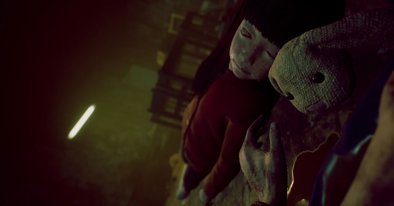 Two plush toys, one resembling a bear and the other a character with a hood, in a dimly lit setting.