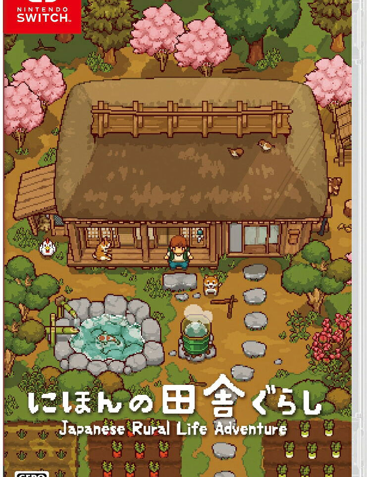 Nintendo Switch game cover for 'Japanese Rural Life Adventure' featuring pixel art of a rustic wooden house, garden plots, pink cherry blossoms, and small characters in a detailed rural scene.