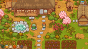 Pixel art illustration of a cozy pixel-style village scene with a wooden house, small cottage, garden beds, trees, pink cherry blossoms, a stone path, and a small character standing near a green bucket.