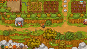 Pixel art style game scene showing a small character standing in a pixelated farm environment with plots of land, bushes, trees, paths, and UI elements along the top and bottom.
