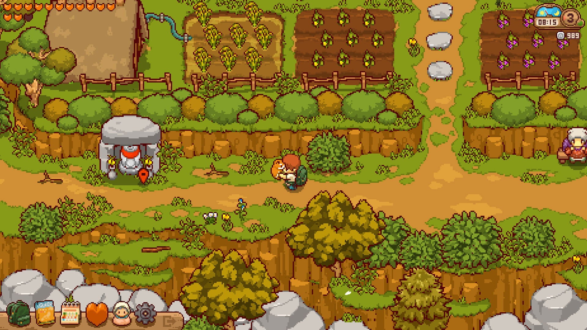 Pixel art style game scene showing a small character standing in a pixelated farm environment with plots of land, bushes, trees, paths, and UI elements along the top and bottom.