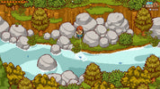 Pixel art scene of a character standing on a rocky riverbank, holding a fishing rod over light blue water, with trees, rocks, and a brown cliff in the background.