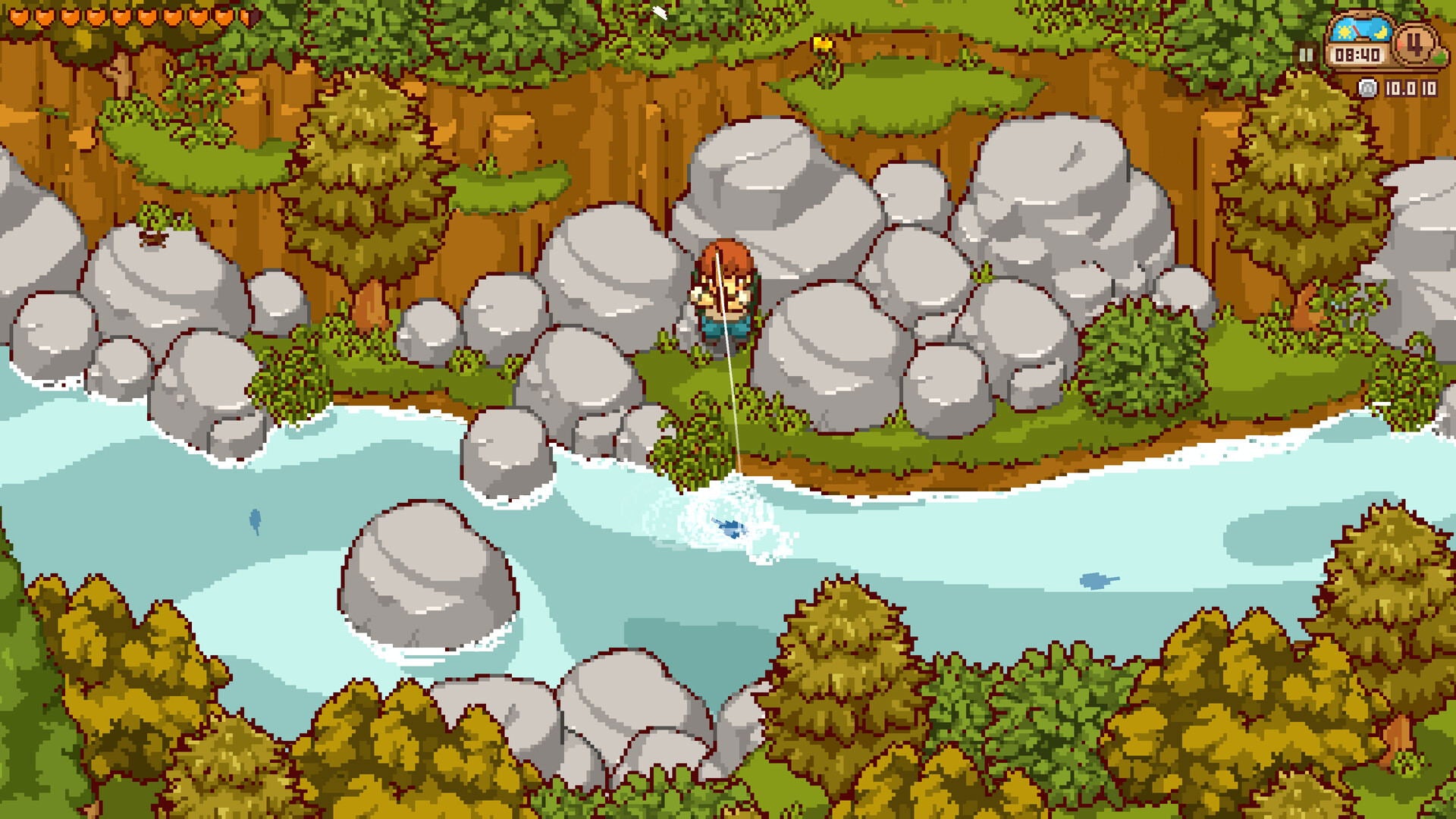 Pixel art scene of a character standing on a rocky riverbank, holding a fishing rod over light blue water, with trees, rocks, and a brown cliff in the background.