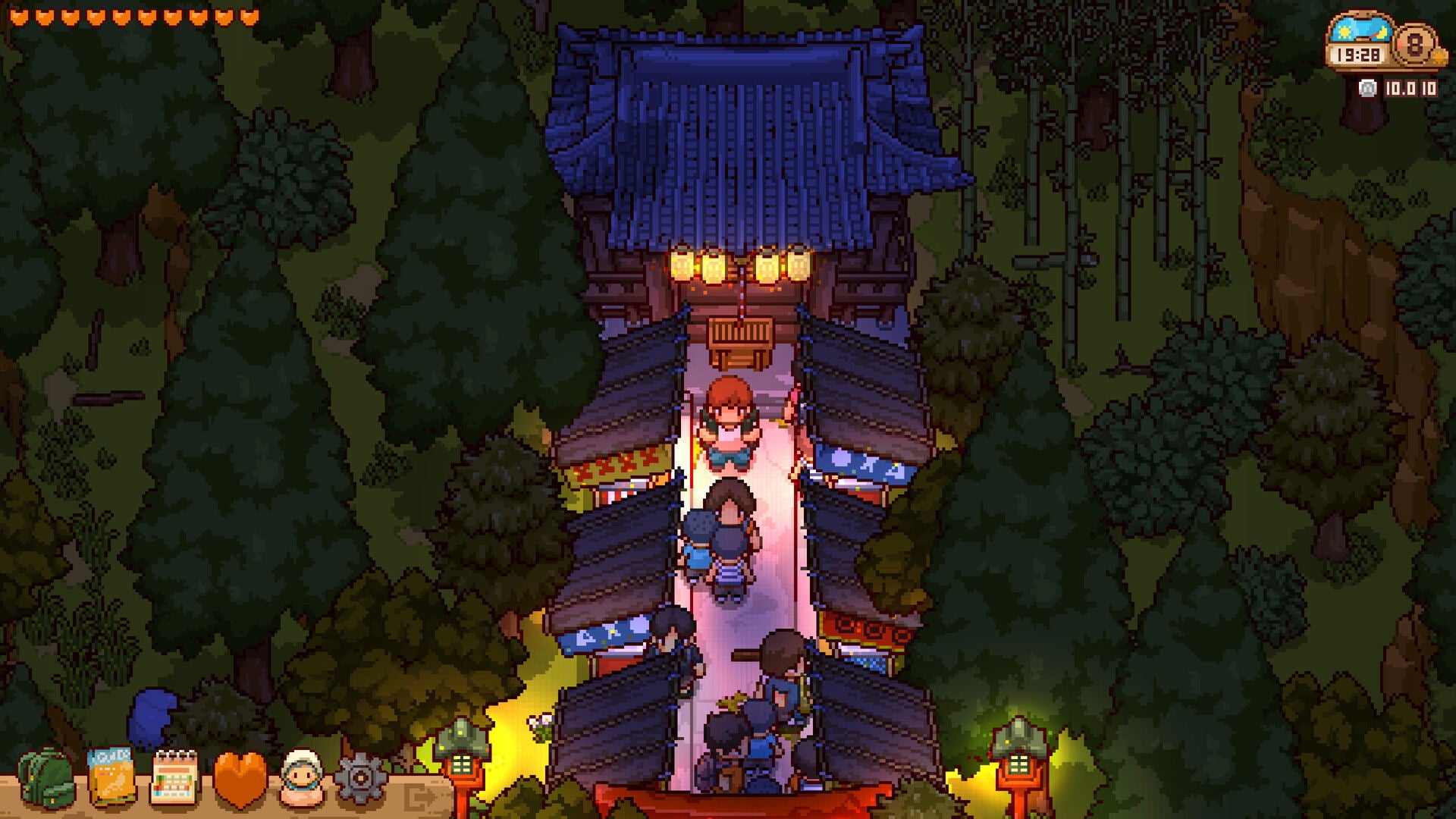 Pixel art scene from a top-down RPG game showing a character standing on a path in front of a traditional building surrounded by trees at night.