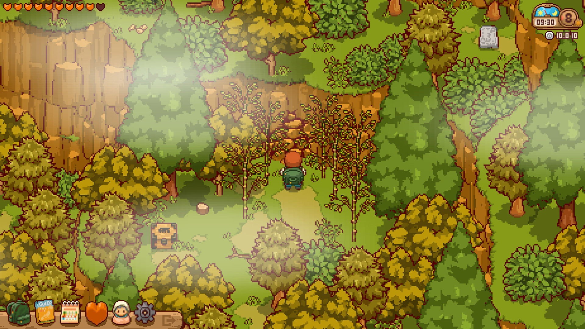 Pixel art style forest scene with layered green and yellow trees, brown cliffs, a small character near the center, and a user interface strip along the top and bottom.