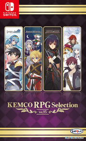 Nintendo Switch game cover for KEMCO RPG Selection Vol.15, featuring four vertical character panels with anime-style RPG characters on a dark purple patterned background, with Nintendo Switch branding at top left and KEMCO branding at bottom right.