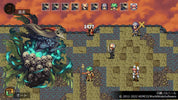 Pixel art RPG battle scene showing several character sprites on a stone tile floor facing a large skull-and-creature monster with glowing teal effects, under an orange sky. UI elements and copyright text are visible.