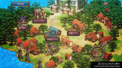 Isometric view of a village with buildings and trees in a game-like setting