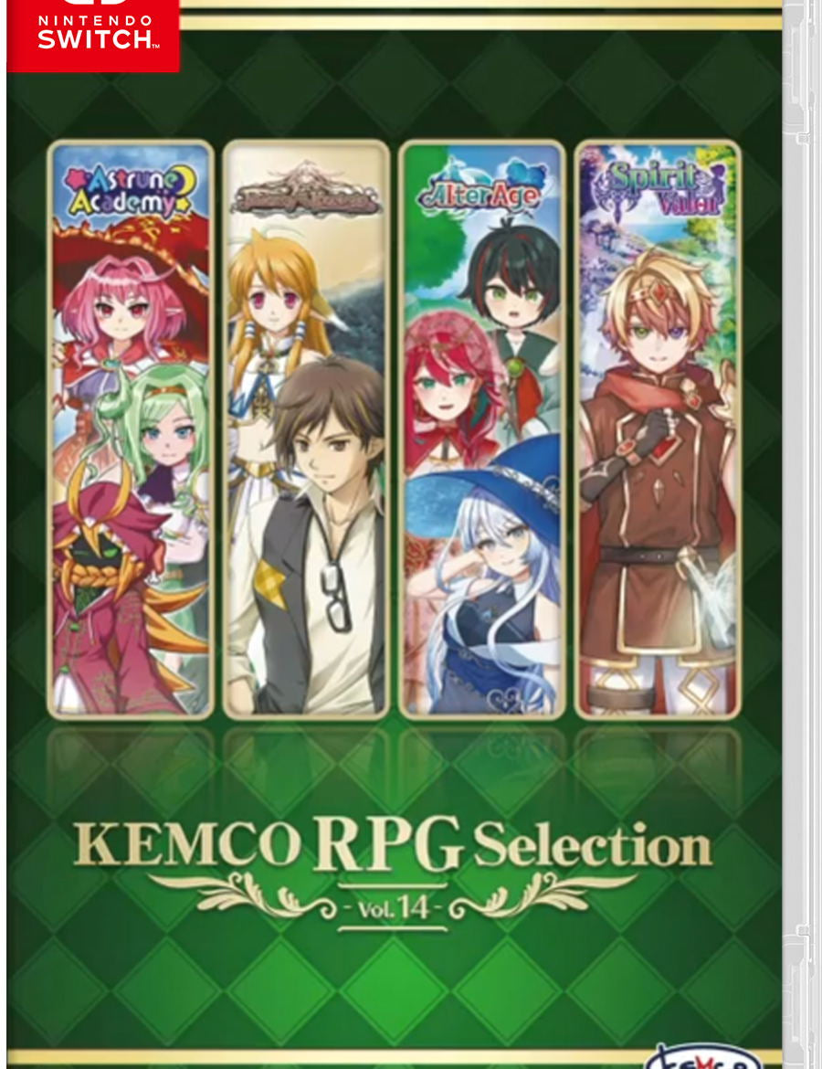 KEMCO RPG Selection Vol. 14 packaging for Nintendo Switch with character illustrations on a green and gold background.