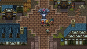 Pixel art scene from a video game with characters and a blue dragon-like creature in a town setting.