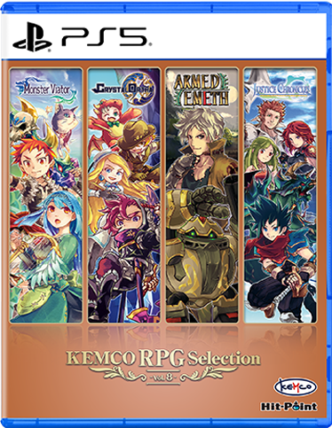 PS5 game case cover for 'KEMCO RPG Selection Vol. 8' featuring five vertical character panels from Monster Hunter, Crystal Chronicles, Armed Teneth, and FATE: The Three-Blue Eyes-Raiden saga, with KEMCO and Hit-Point logos at the bottom.