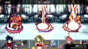 A screenshot from a 2D fantasy battle game showing three monster attacks in a snowy forest, with character portraits and Japanese interface text along the bottom.