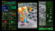 A screenshot of a retro isometric arcade strategy game, showing a central battle scene with explosions, floating score and status panels on the left, and a stage overview on the right.