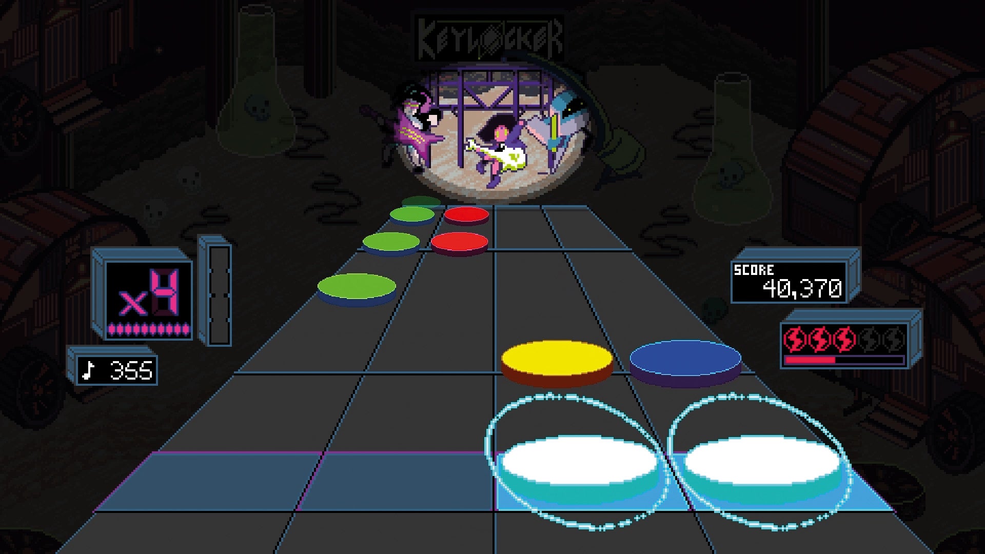 Screenshot of a rhythm game with colorful discs and a dark background