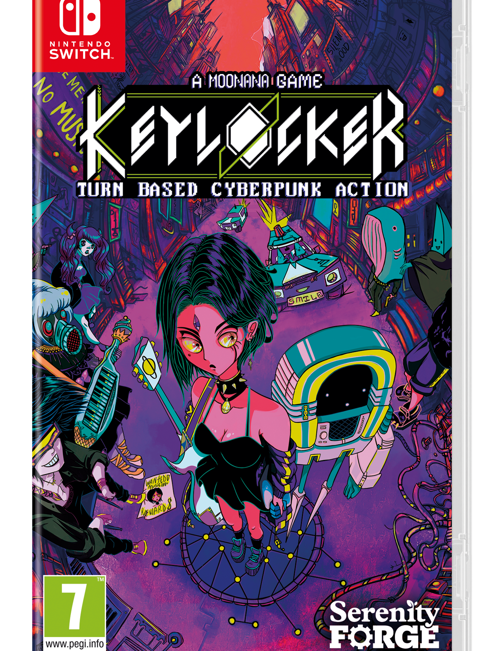 Game box for 'Keylocker' by Serenity Forge on Nintendo Switch with colorful design and character illustration.