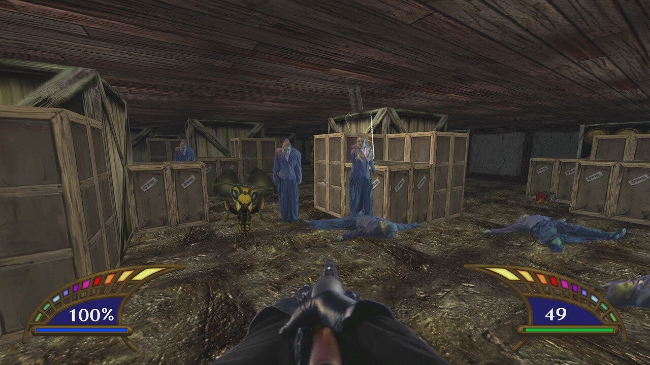 Gameplay scene from a first-person shooter game with wooden crates and characters in a dimly lit room.