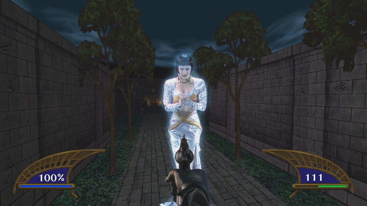Character in a video game with glowing blue aura standing in a stone-walled area at night.