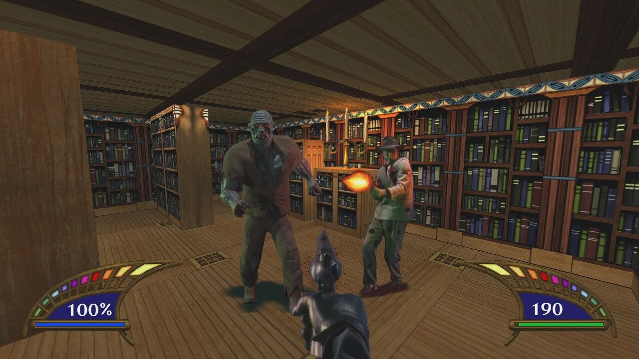 Video game scene with characters in a library setting