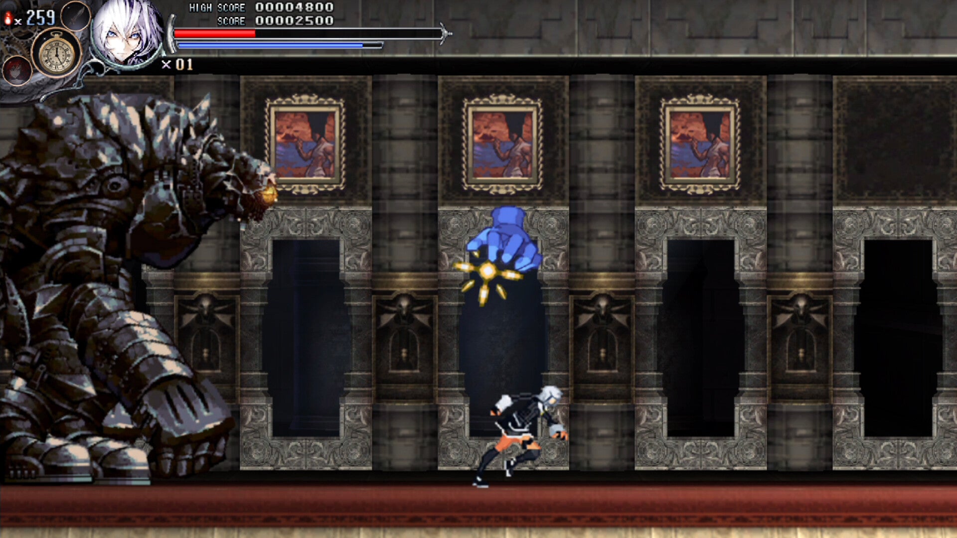 Game screen with a character facing a large creature in a dark, dungeon-like setting.