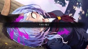 Anime character with purple hair and a sword, lying on the ground with a blurred background