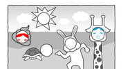A black and white line art illustration of a cartoon scene with a sun, clouds, a turtle, a rabbit, and a giraffe, with small red and blue facial accents on some illustrated faces.